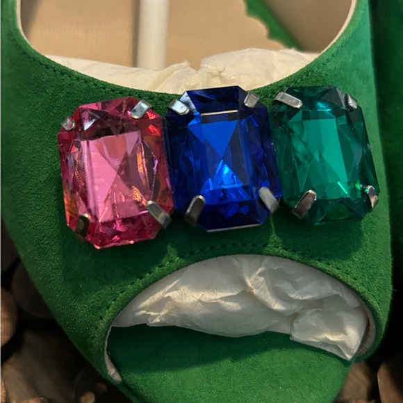 Boden Green Suede Slingback Heels with Multicolor Gem Accents - Picture 7 of 13